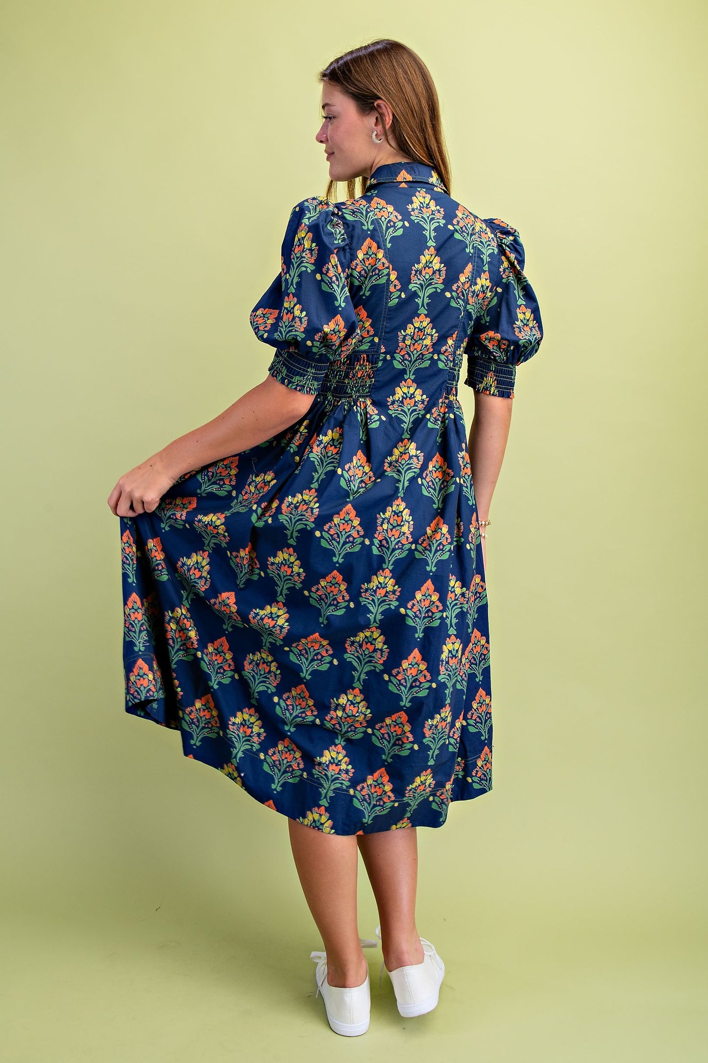 Floral Print Puff Sleeve Midi Shirt Dress with Smocked Waist