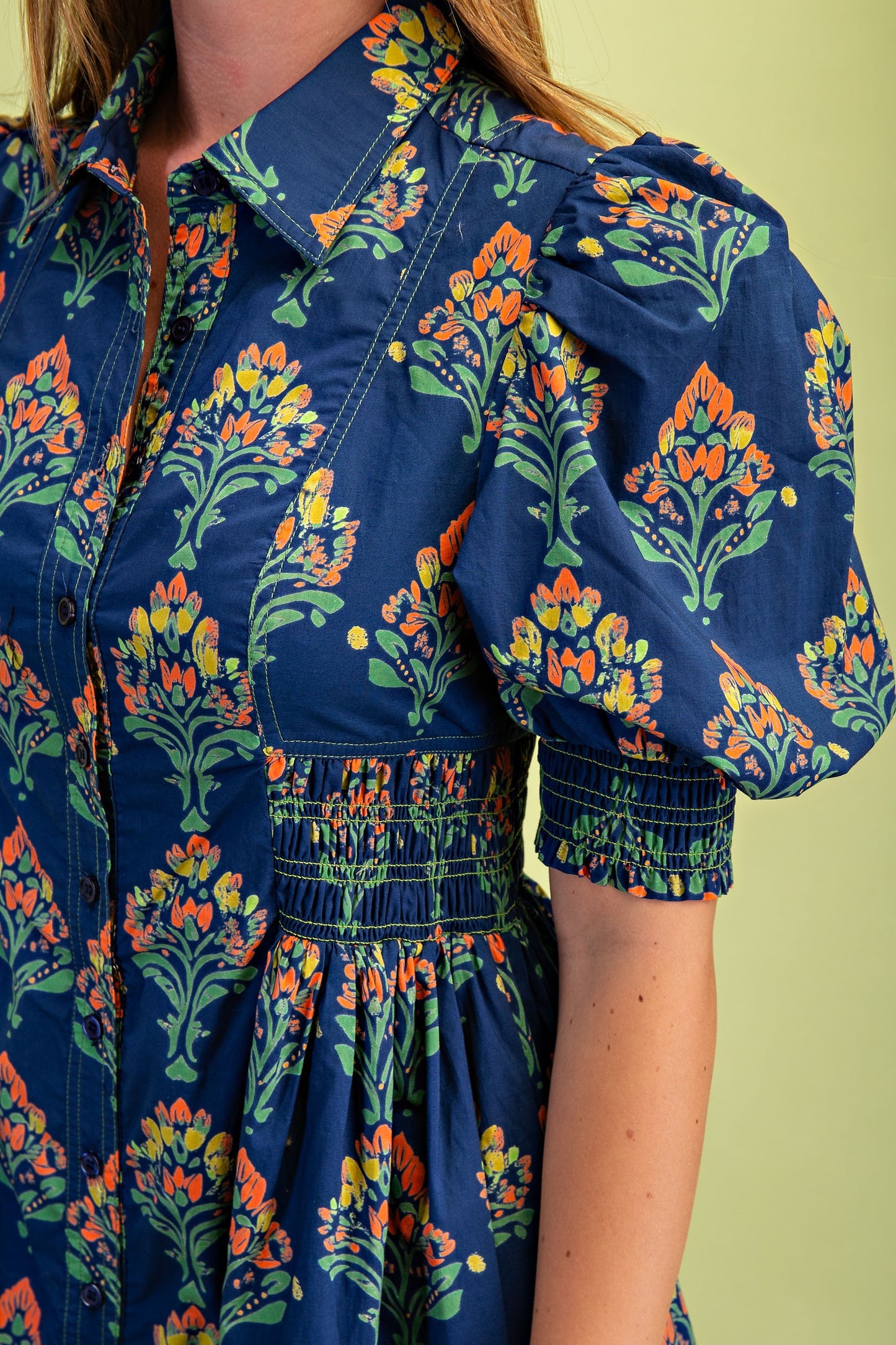 Floral Print Puff Sleeve Midi Shirt Dress with Smocked Waist