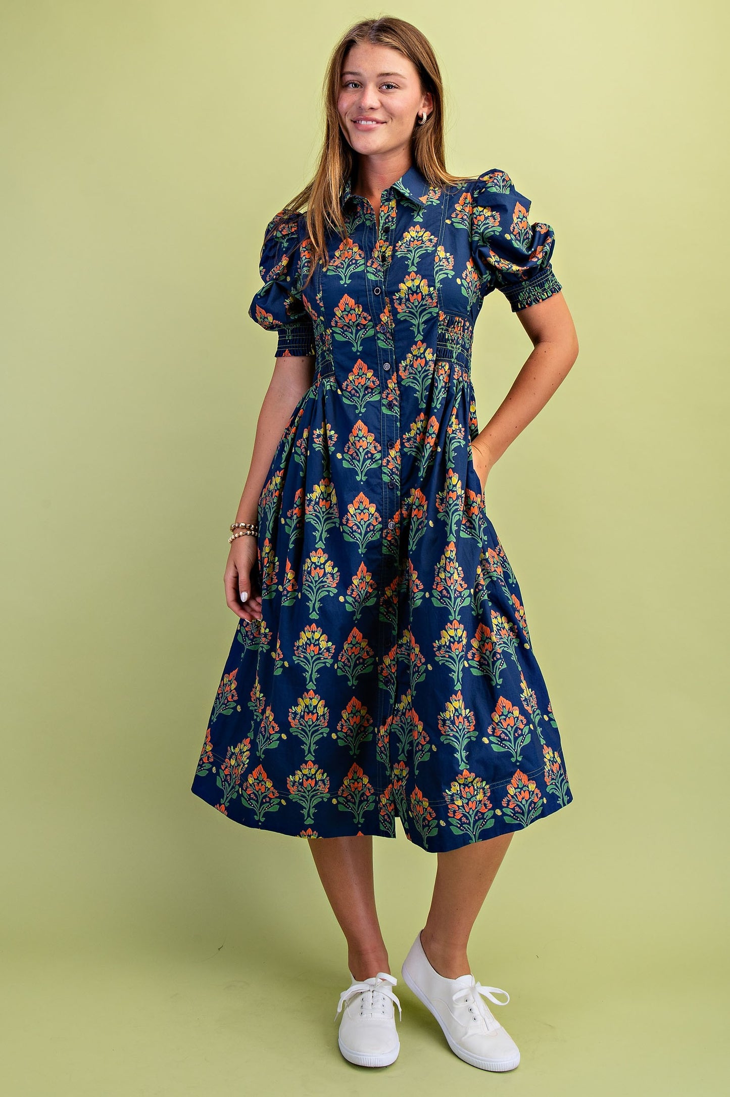 Floral Print Puff Sleeve Midi Shirt Dress with Smocked Waist