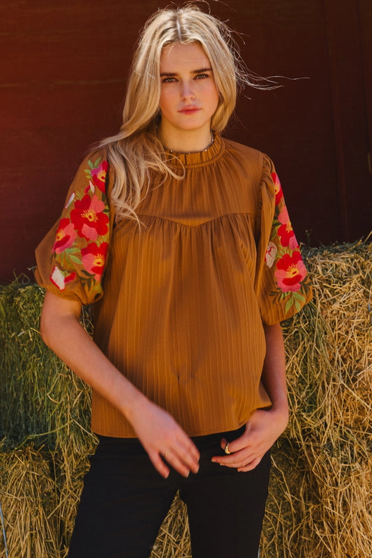 Embroidered Mock Neck Balloon Sleeve Blouse
