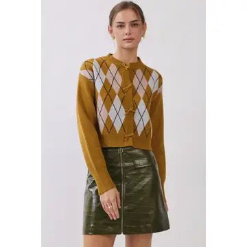 Cropped Argyle Knit Cardigan with Ruffle Trim