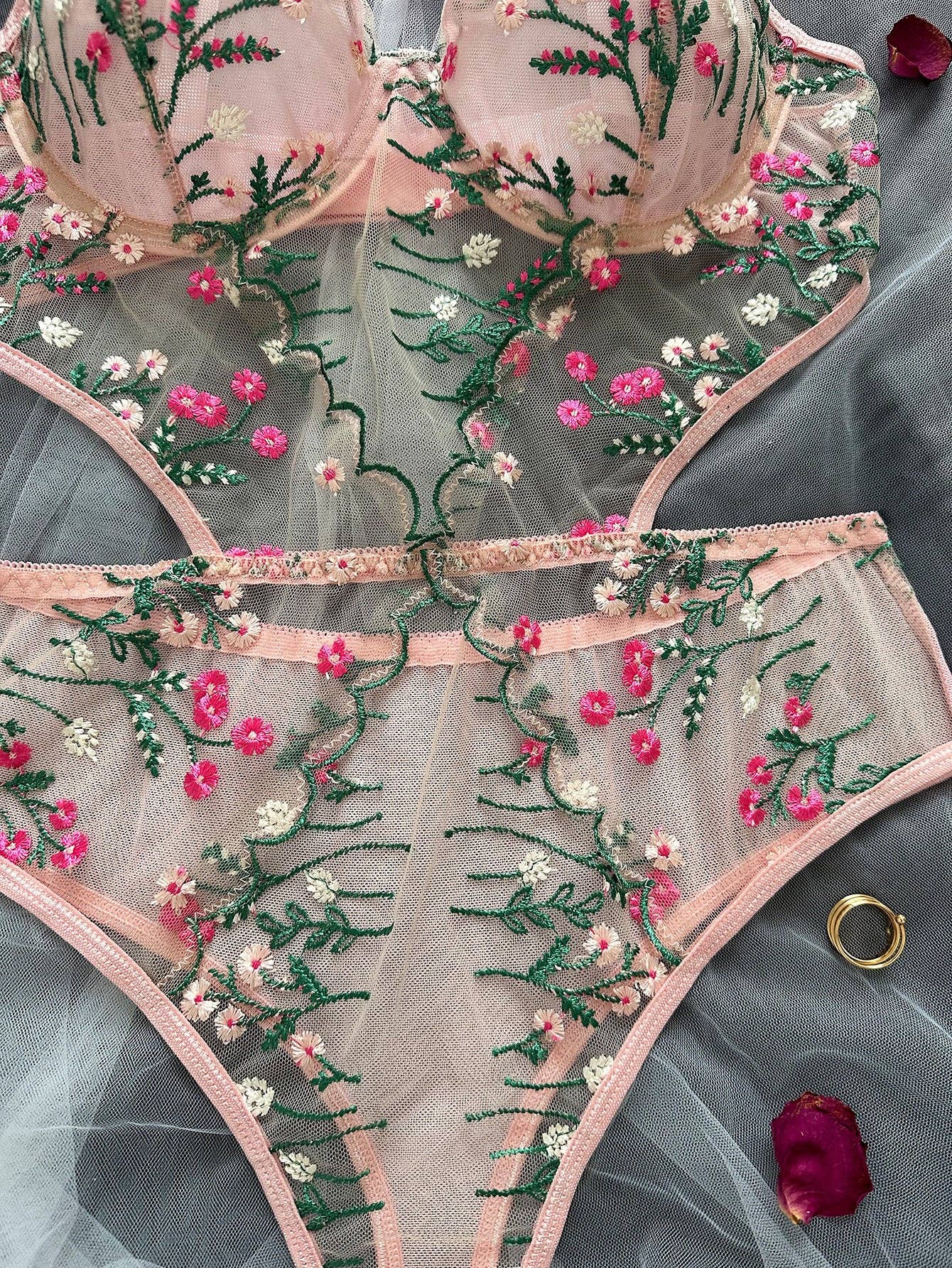 Floral Embroidery Ultrathin Perspective Teddy HF-4132