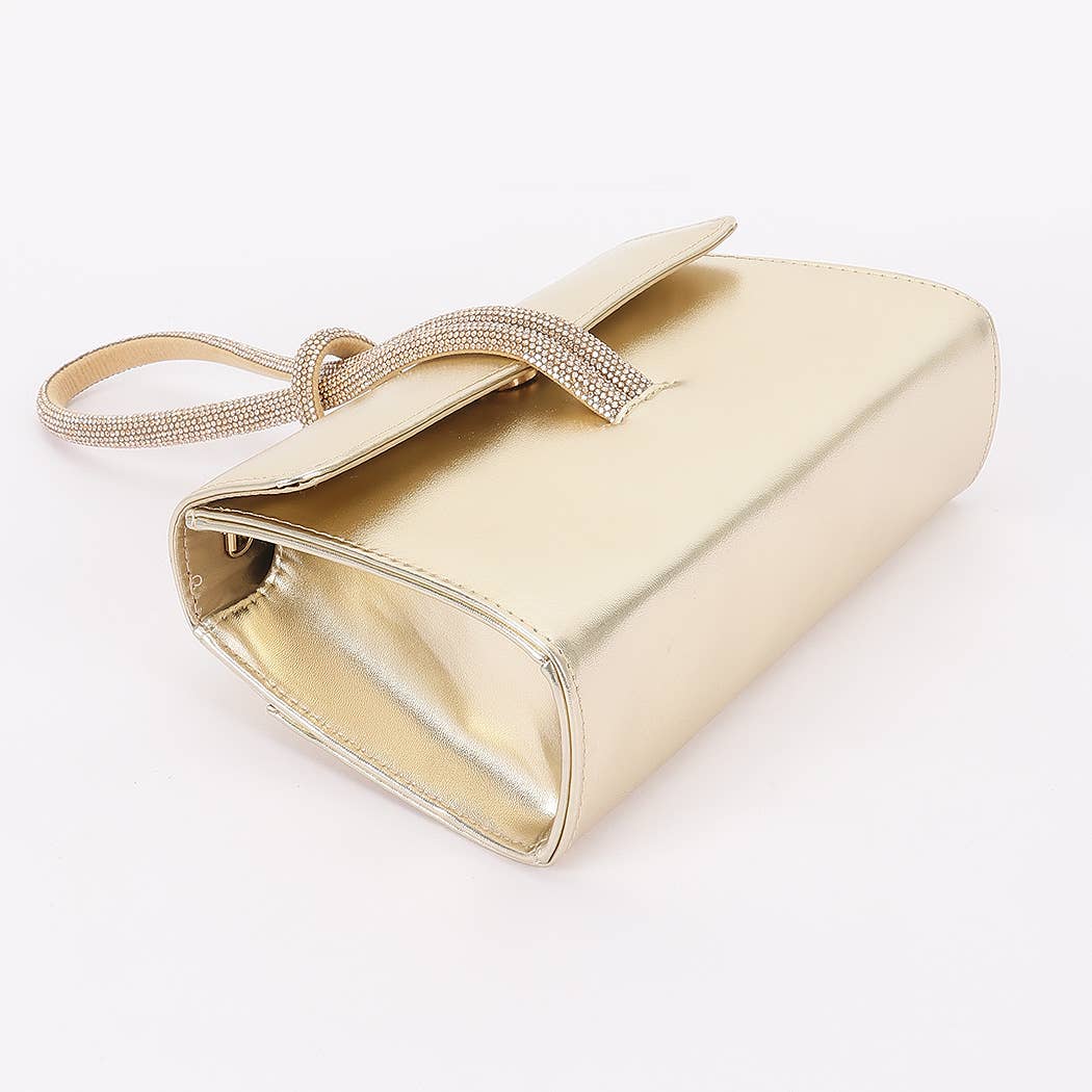 Metallic Faux Leather Rhinestone Handle Clutch
