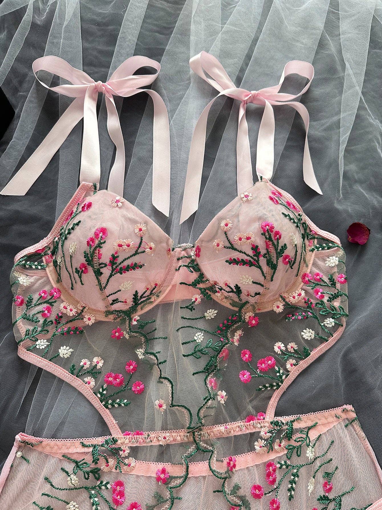 Floral Embroidery Ultrathin Perspective Teddy HF-4132