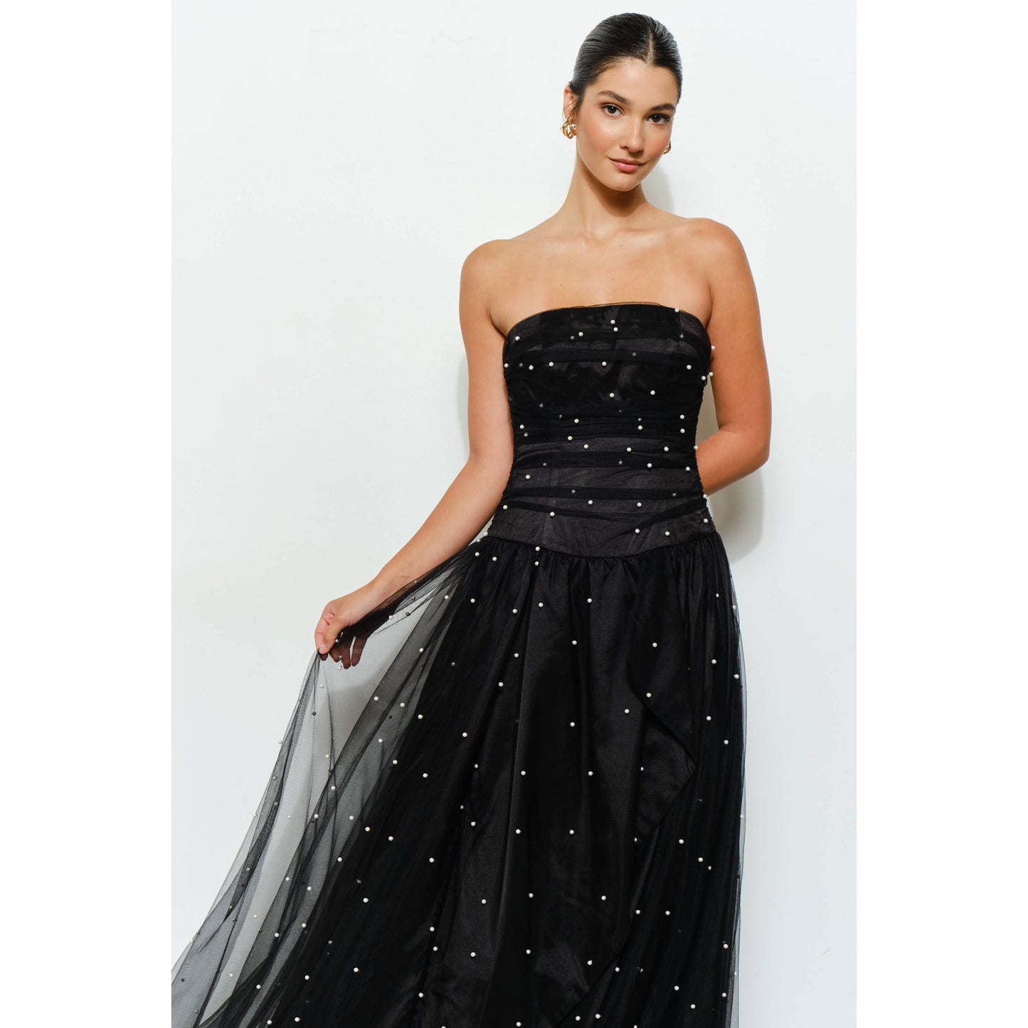 Pearl-Embellished Layered Tulle Maxi Dress