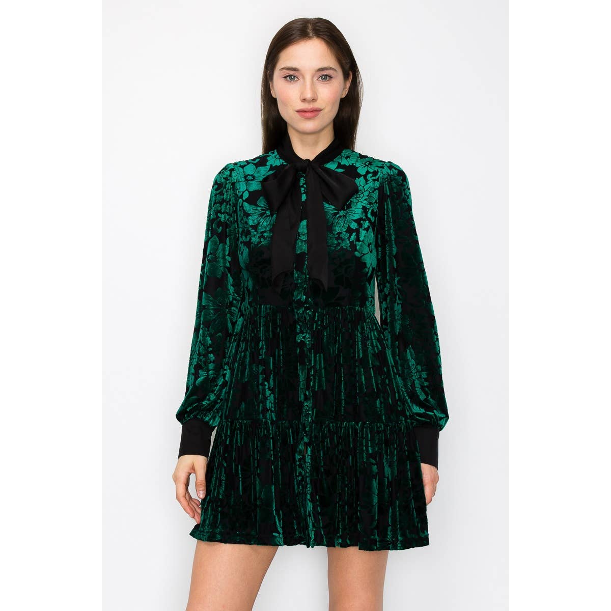 Velvet Flower Burnout Satin Tie Mini Dress