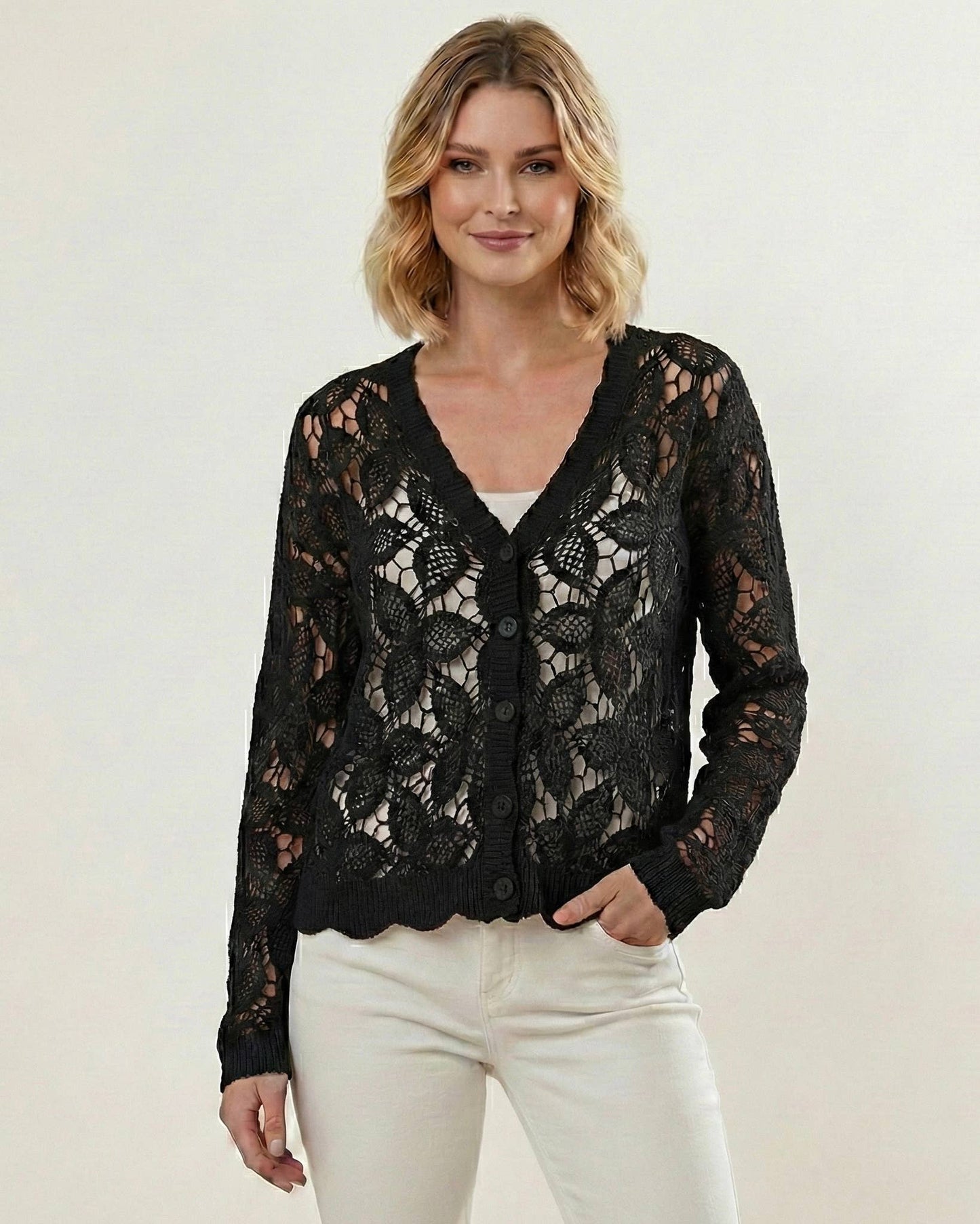 Women's Floral Leaf Cotton Crochet Cardigan 