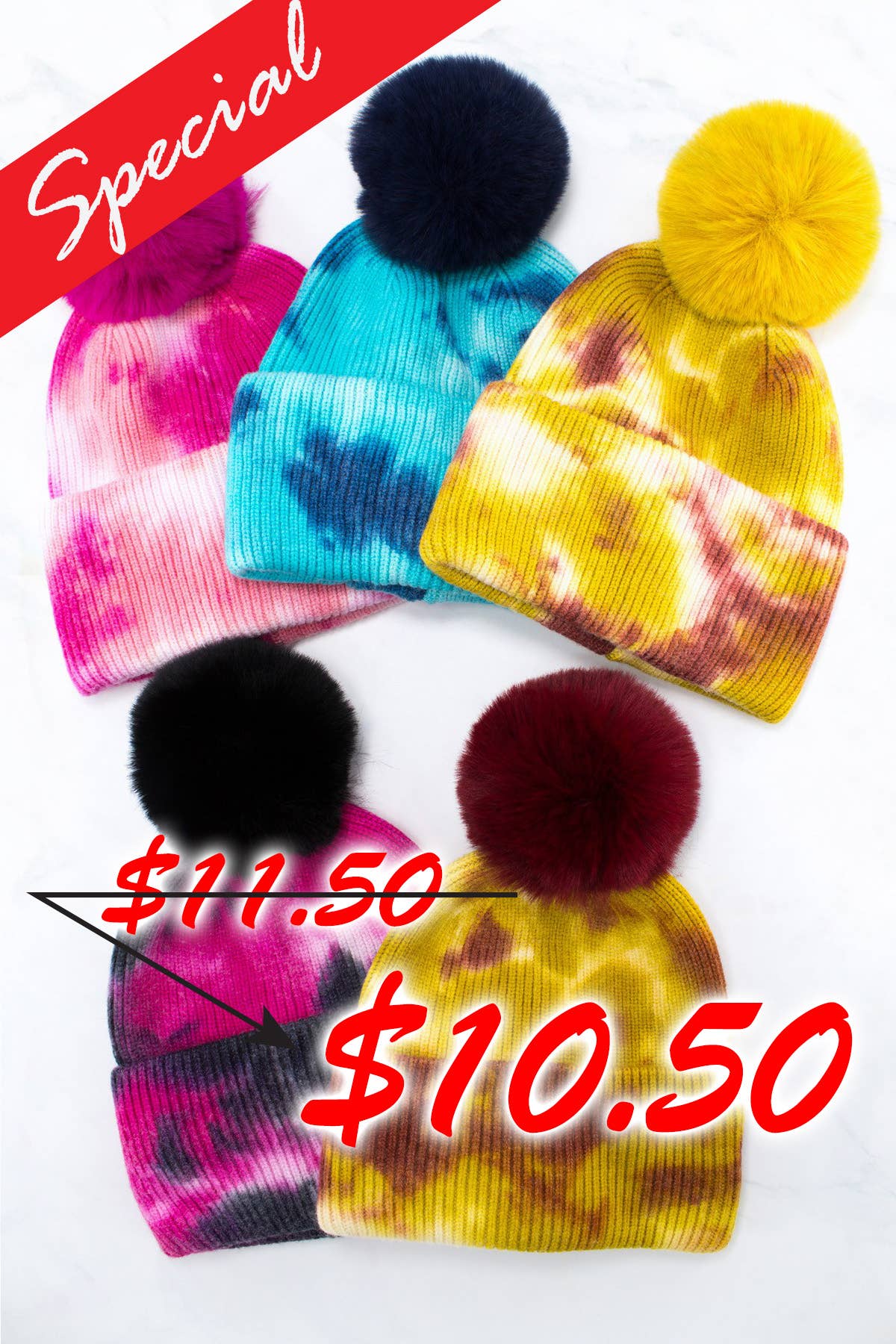 Tie Dye Knitted Fur Pom Beanie