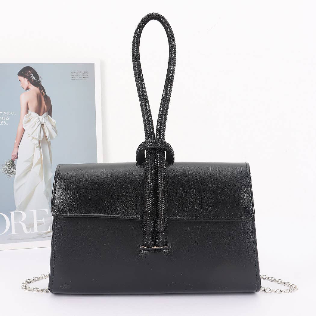 Metallic Faux Leather Rhinestone Handle Clutch