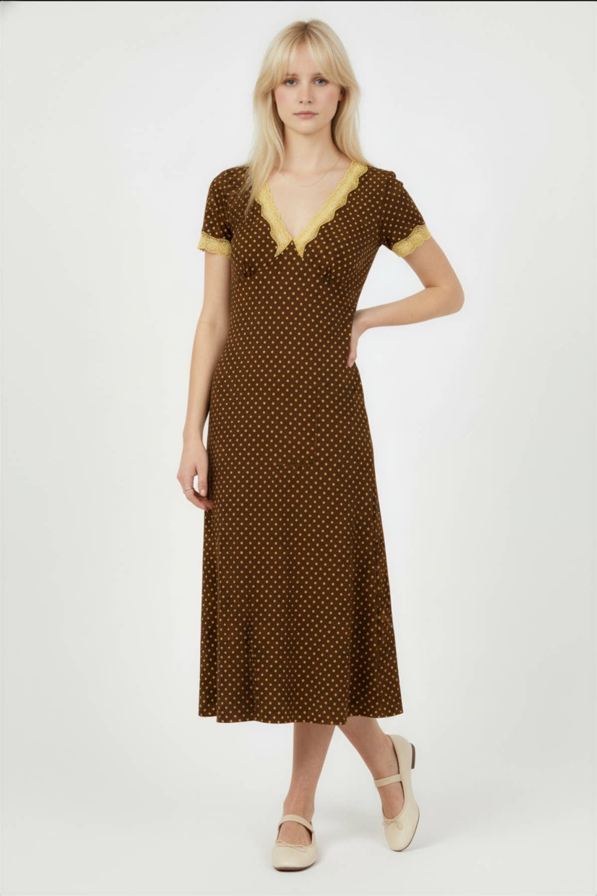 POLKA LACE V-NECK MIDI DRESS (S to 3X)