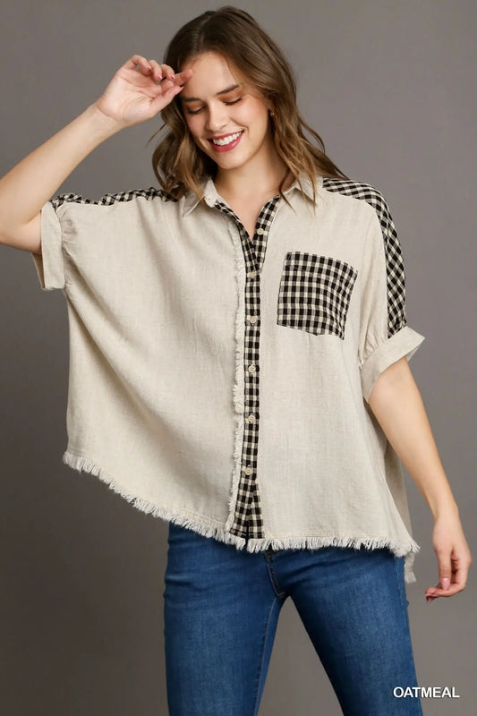 Checkered Detail Linen Shirt