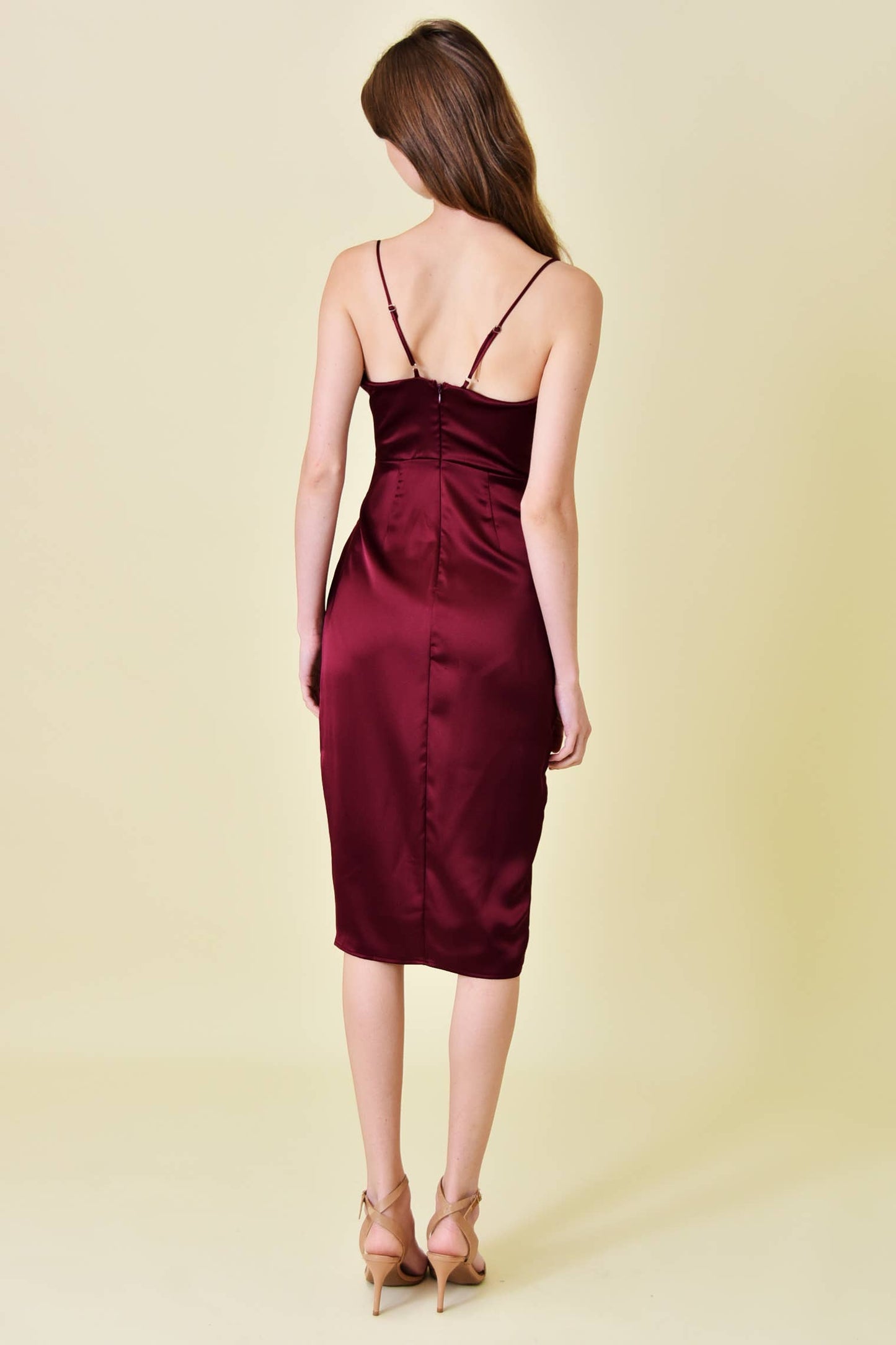 SATIN COWL NECKLINE WRAP MIDI DRESS