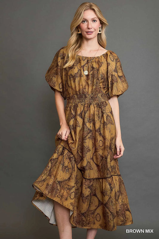 Globe Print Midi Dress