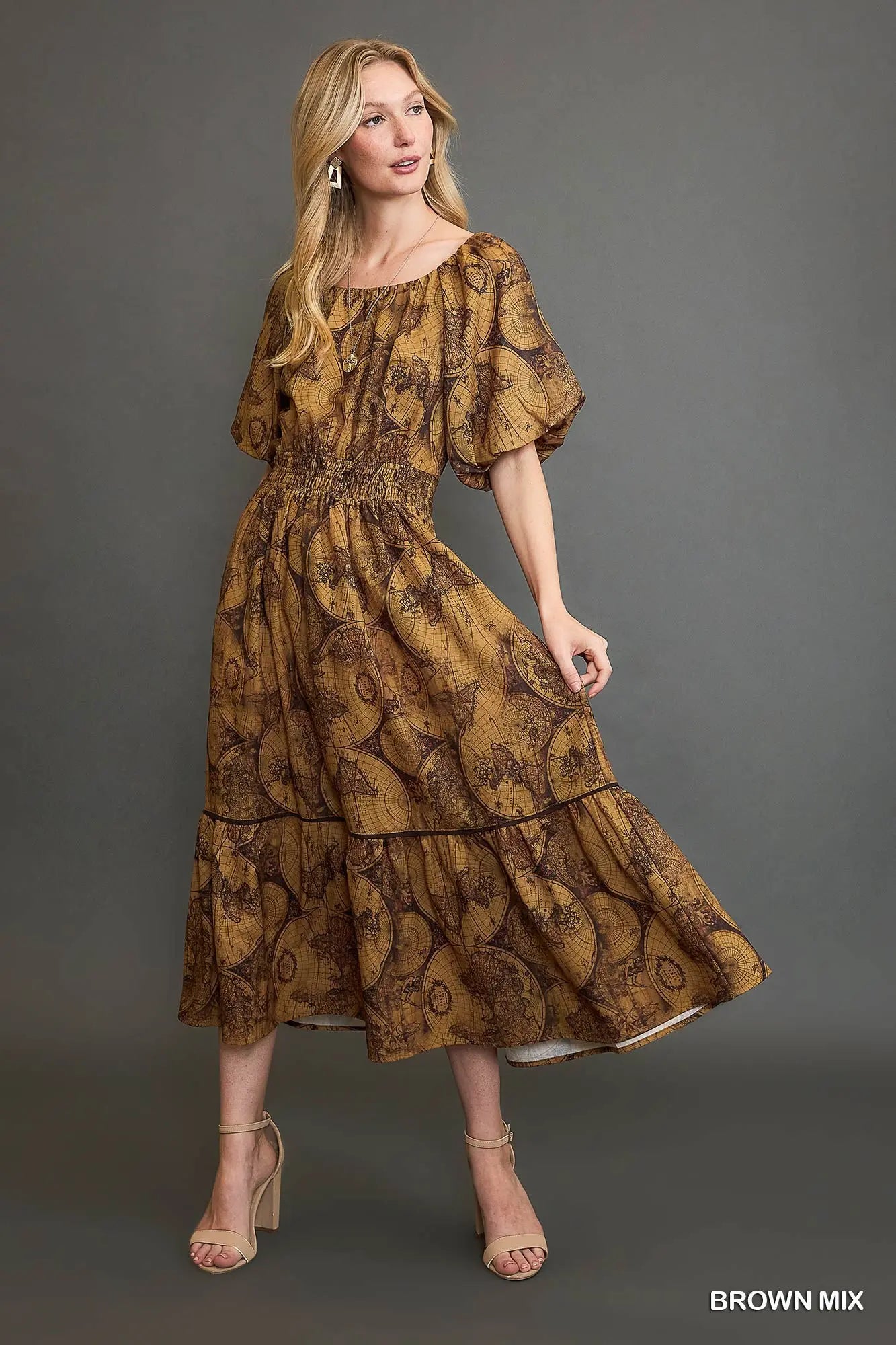 Globe Print Midi Dress