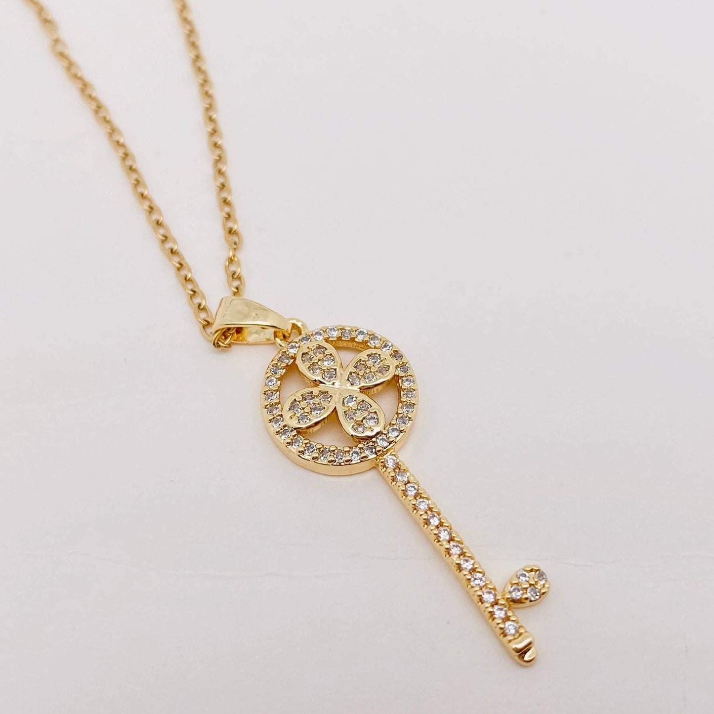 Golden Lucky Clover Key Charm Pendant Necklace