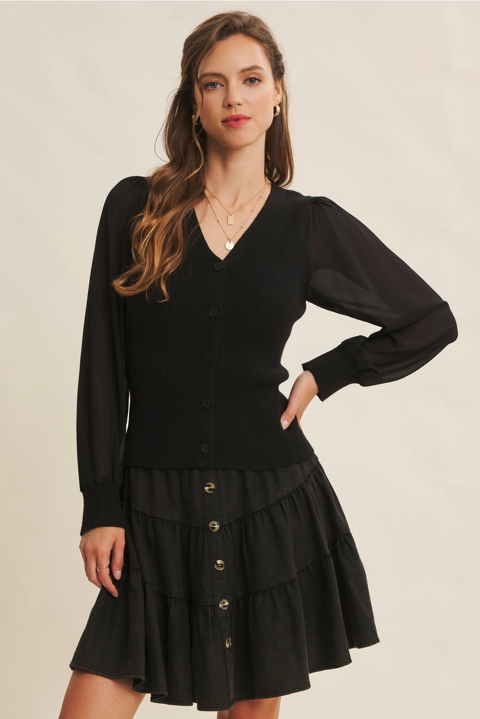 Ribbed Sweater Cardigan with Chiffon Sleeves