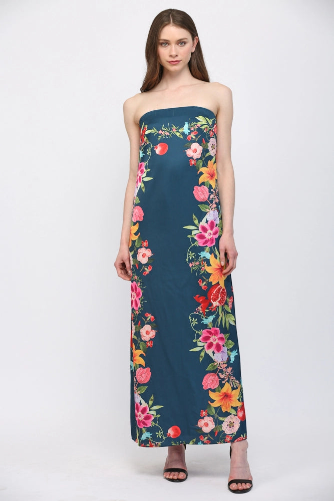 Satin Botanical Strapless Dress