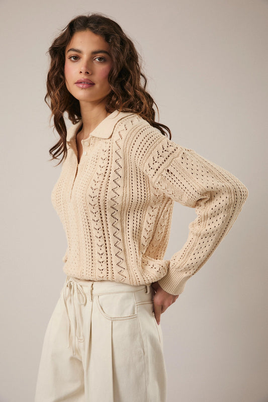 Polo Collared Crochet Long Sleeve