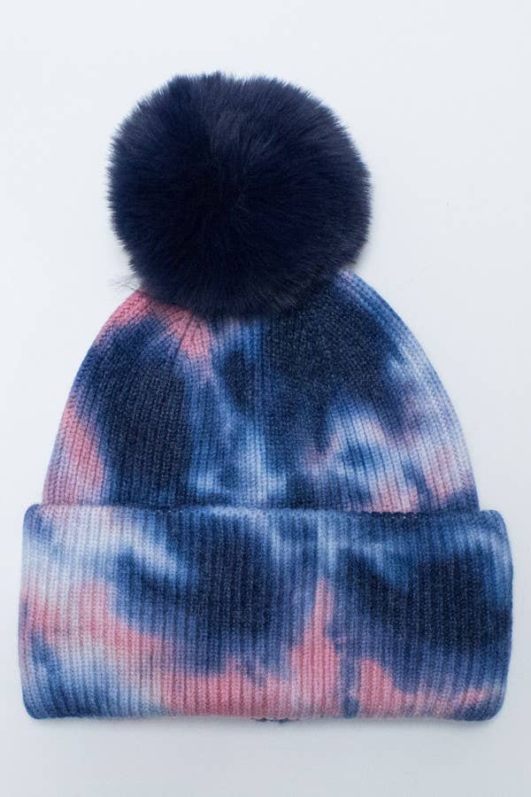 Tie Dye Knitted Fur Pom Beanie