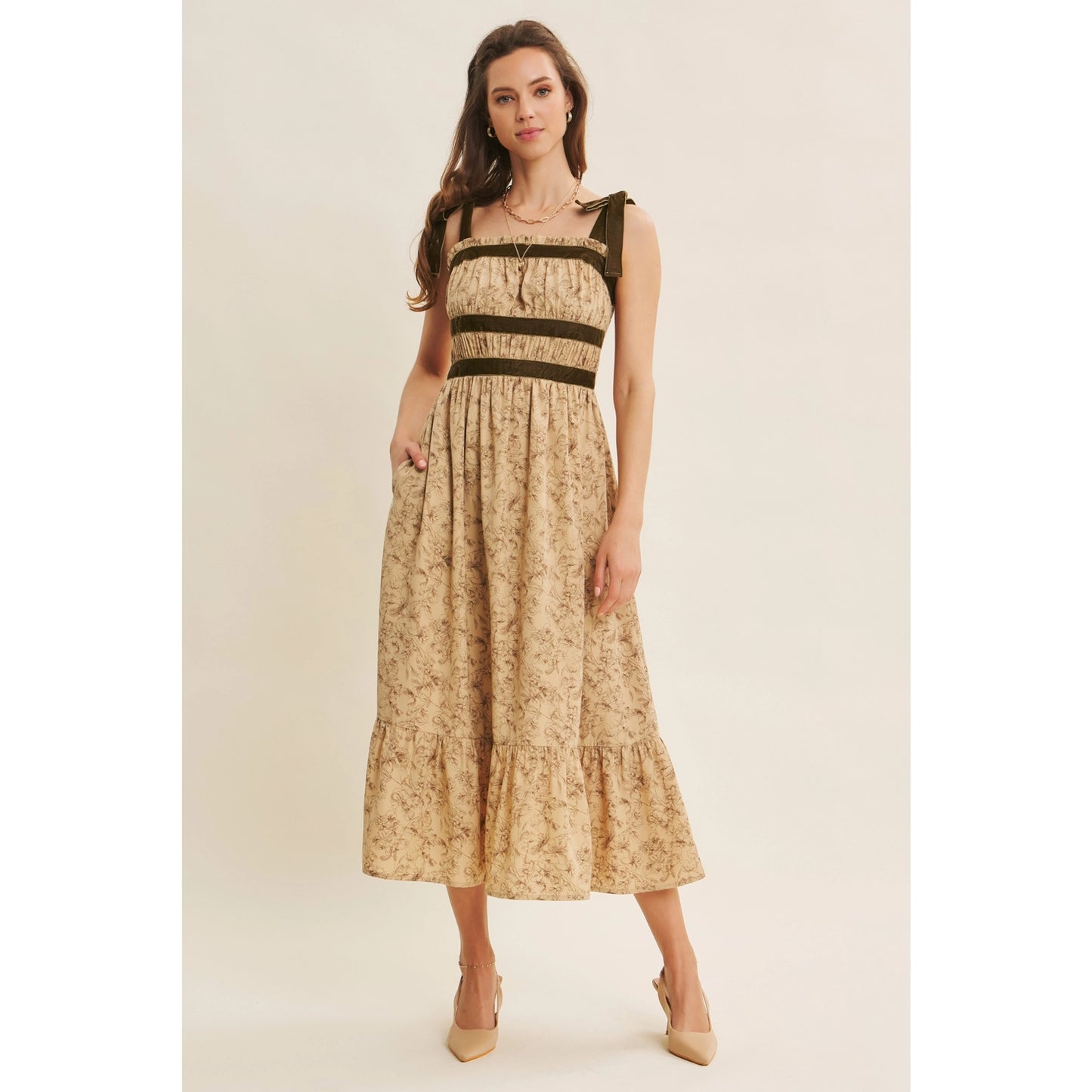 Floral Midi Dress with Velvet Shoulder Ties