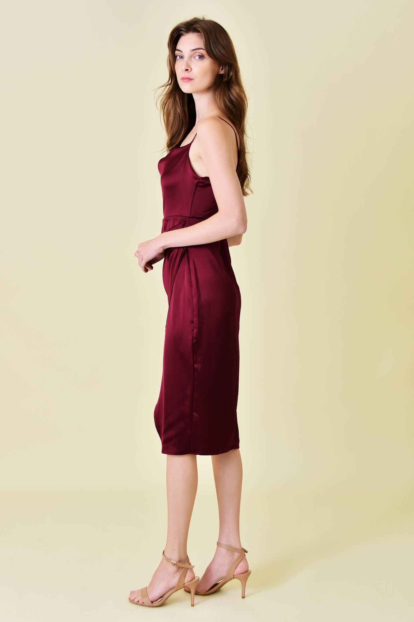SATIN COWL NECKLINE WRAP MIDI DRESS
