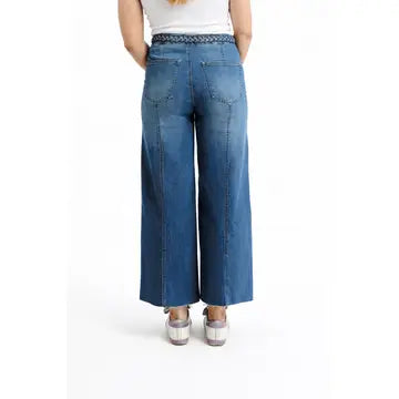 27" Cropped Wide Leg Jeans w/ Braided Waistband in Bolt