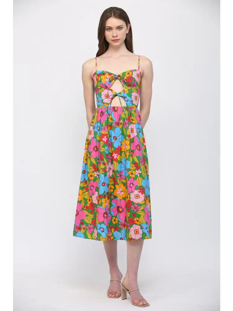 Jewel Tone Peekaboo Floral Midi Dress