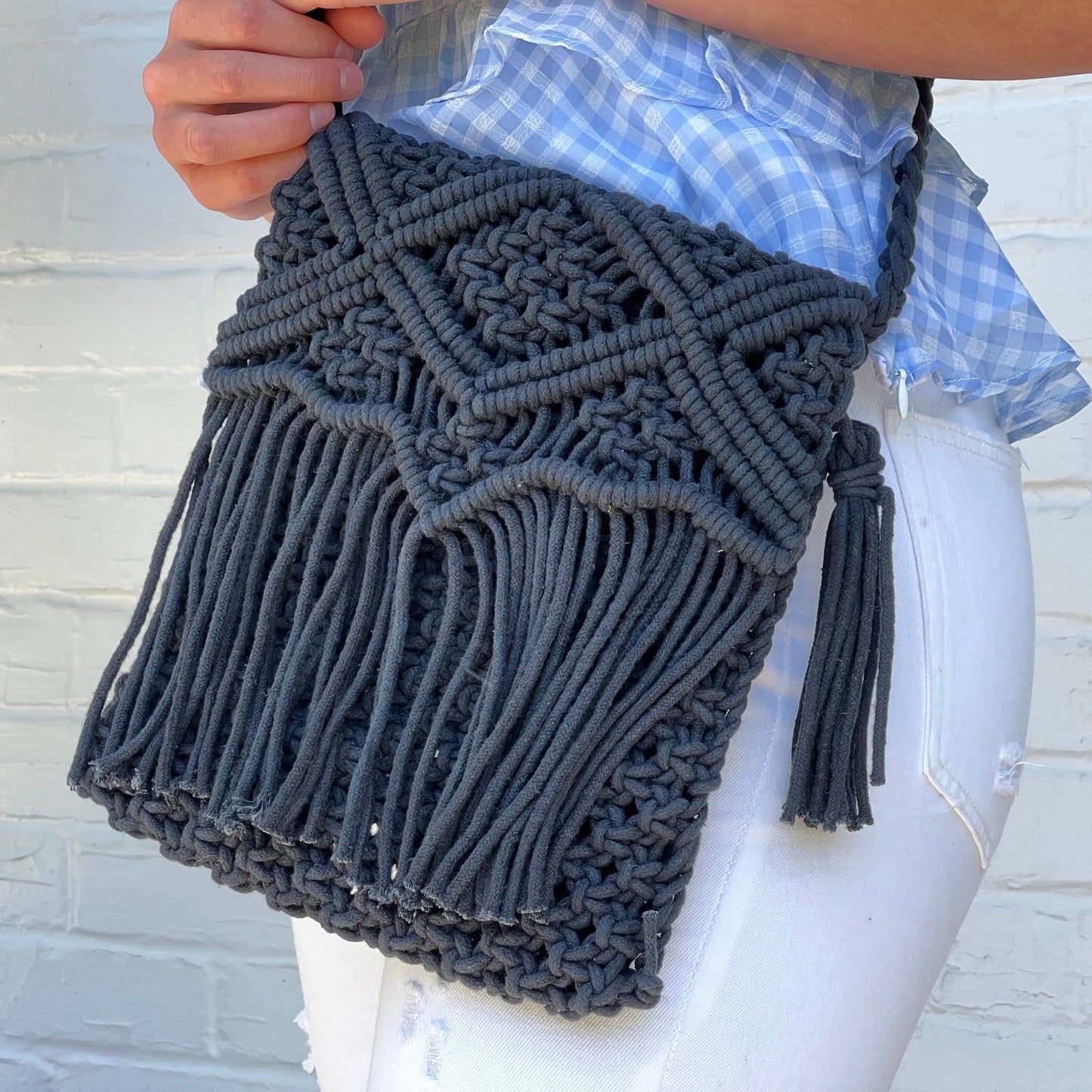 Handmade Boho Macrame Shoulder Bag, Black with Fringe