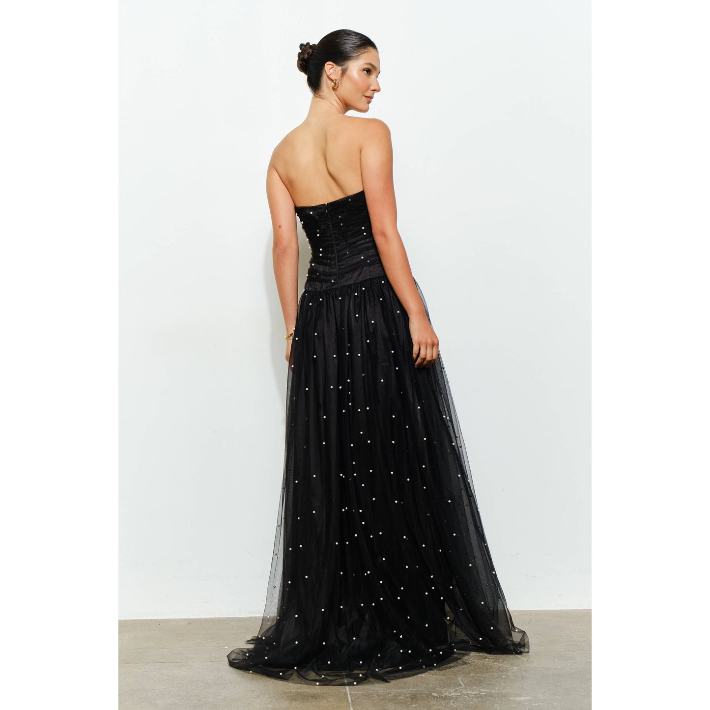 Pearl-Embellished Layered Tulle Maxi Dress
