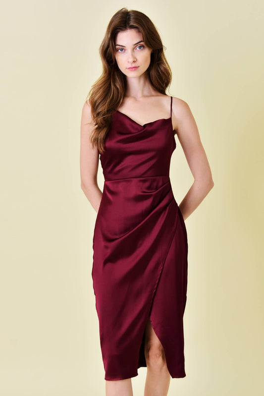 SATIN COWL NECKLINE WRAP MIDI DRESS