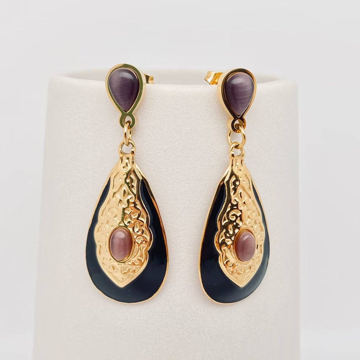 Cat's Eye Stone Carved Texture 18K Gold Plated Earrings -FGS