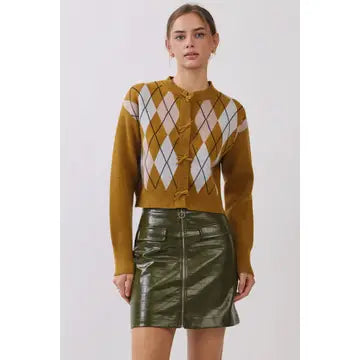 Cropped Argyle Knit Cardigan with Ruffle Trim