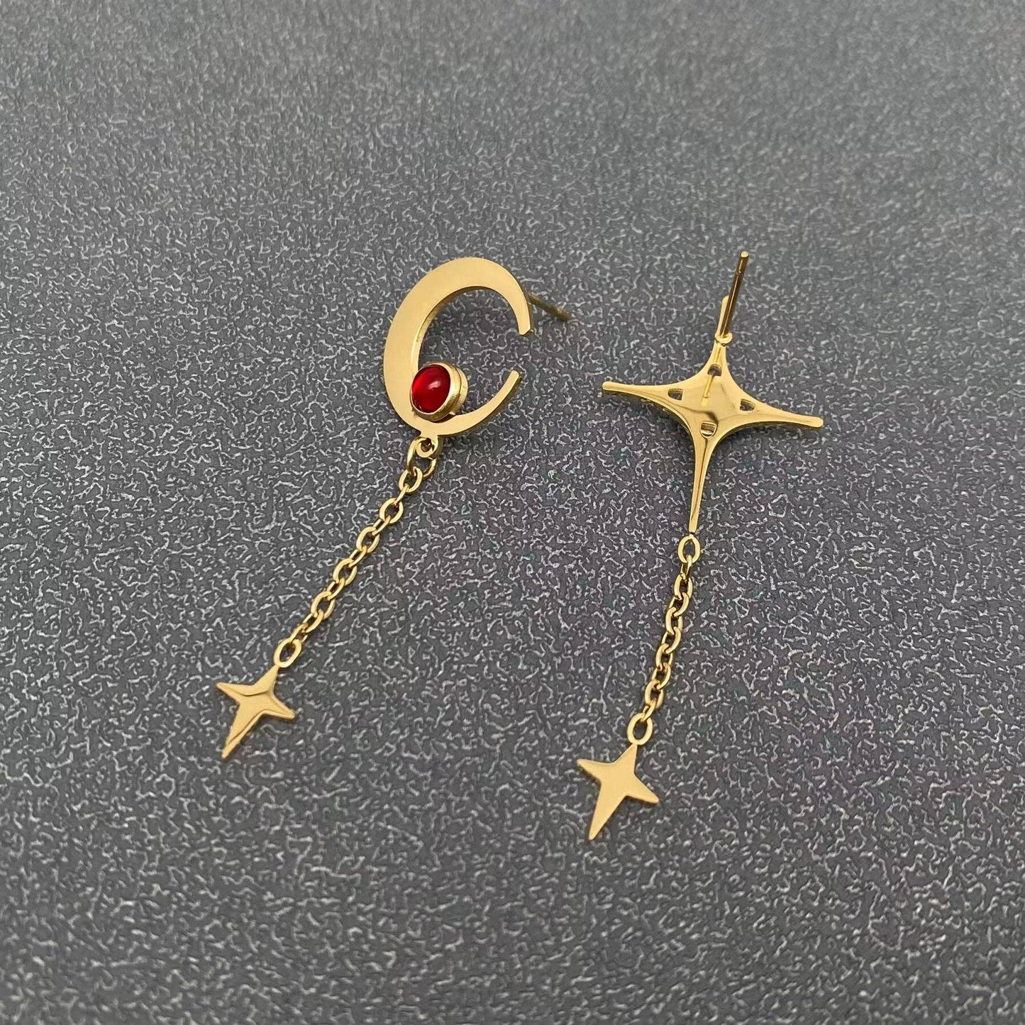 18K Gold Plated SS Asymmetric Star Moon Post Earrings-FGS/MS