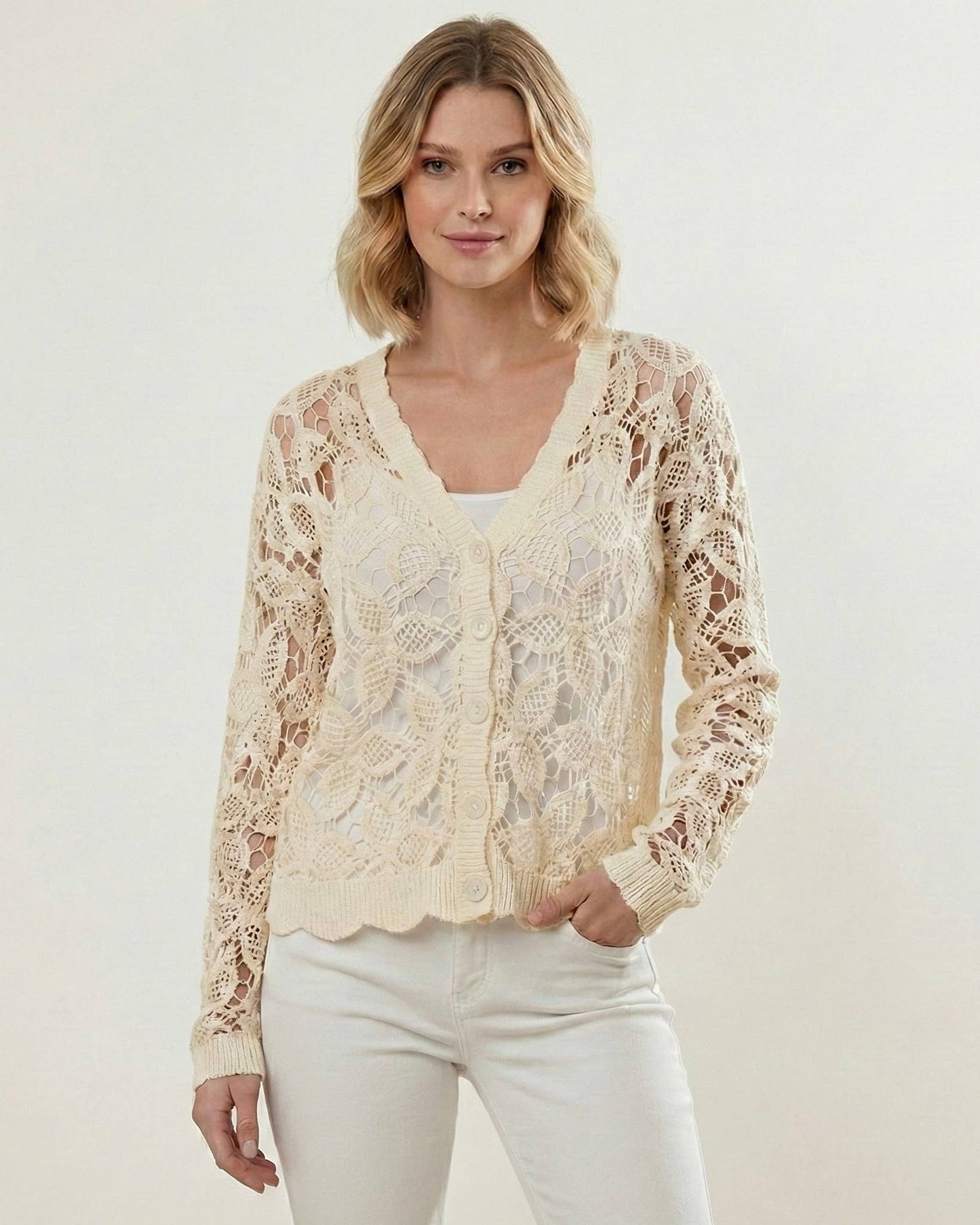 Women's Floral Leaf Cotton Crochet Cardigan 
