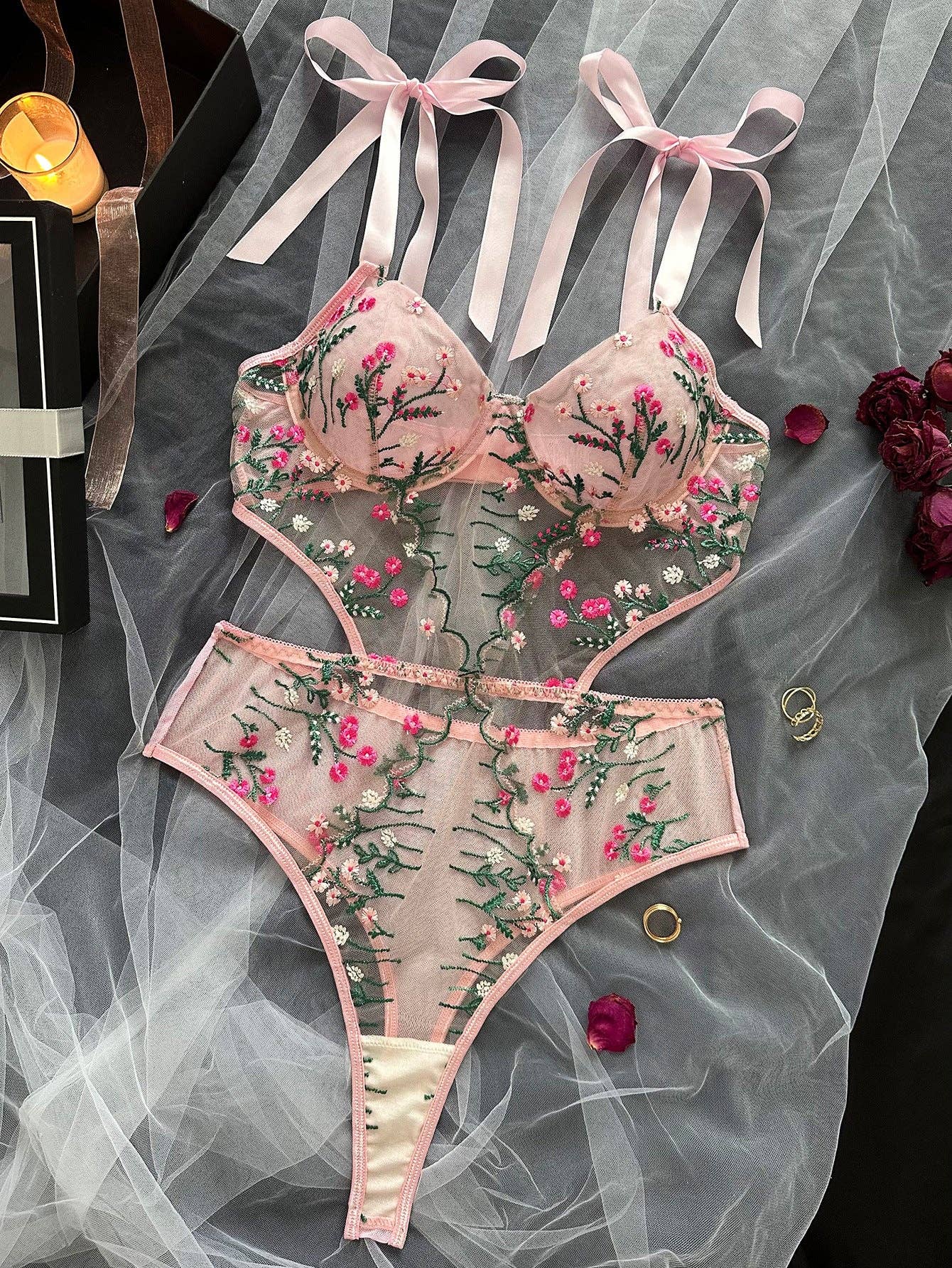 Floral Embroidery Ultrathin Perspective Teddy HF-4132