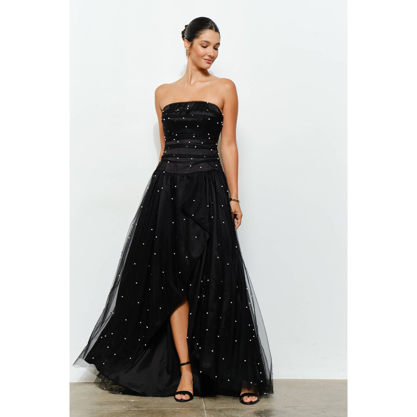 Pearl-Embellished Layered Tulle Maxi Dress