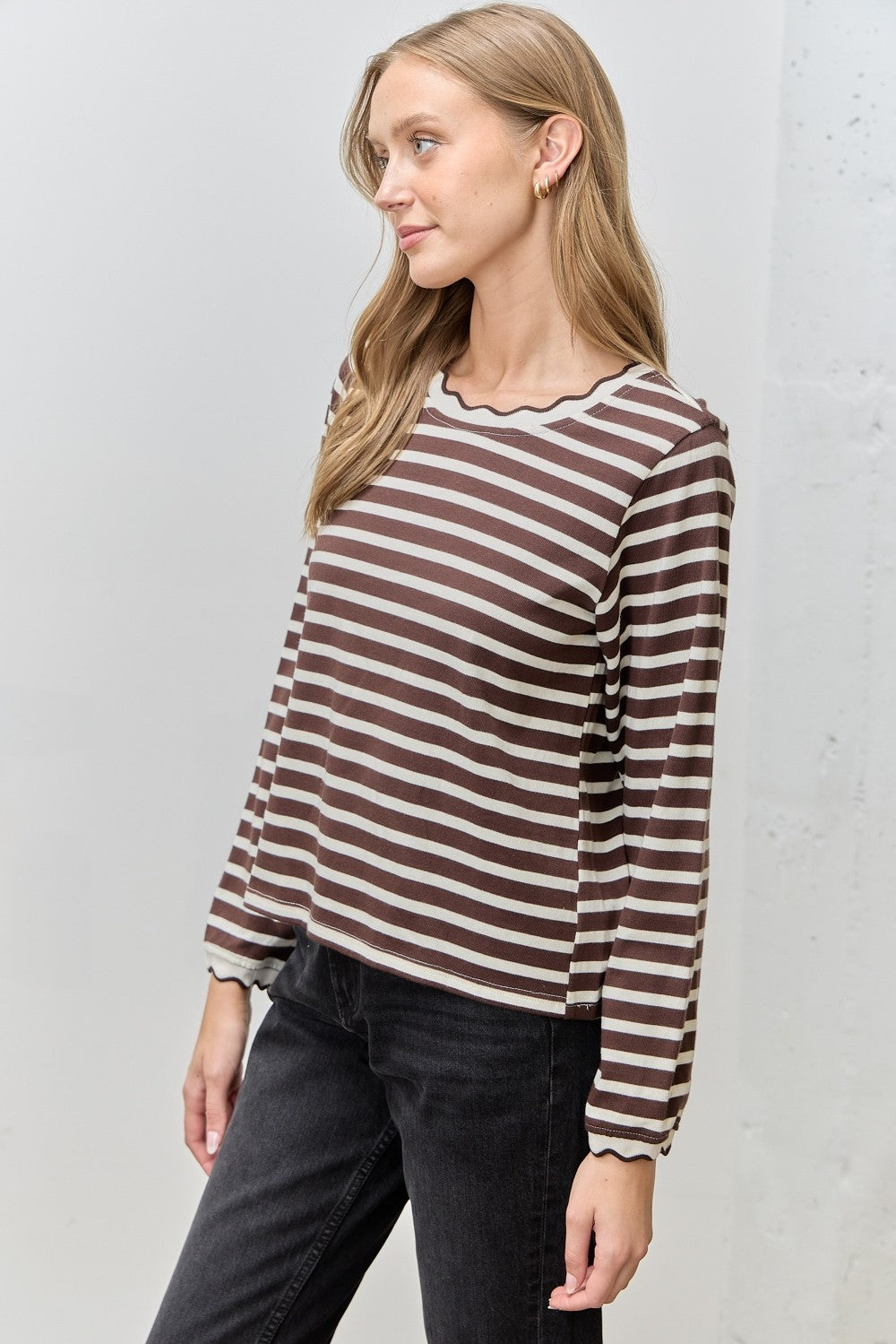 Stripe Long Sleeve Top with Scallop Neckline