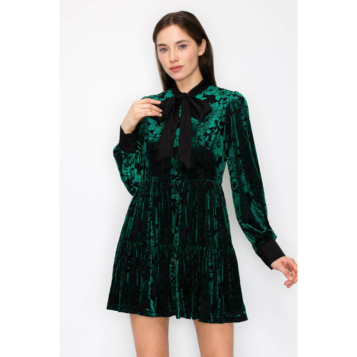 Velvet Flower Burnout Satin Tie Mini Dress