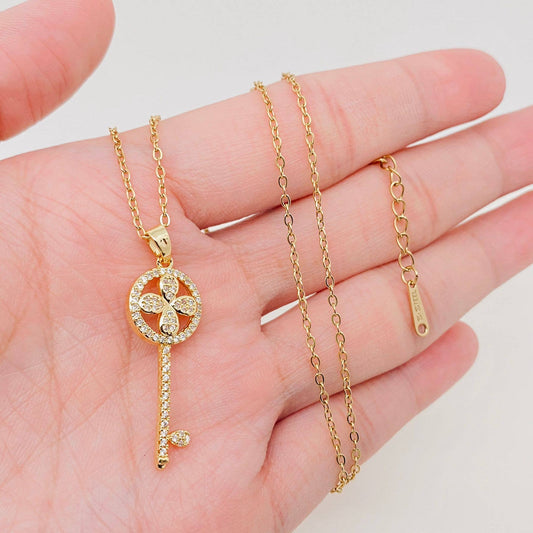 Golden Lucky Clover Key Charm Pendant Necklace