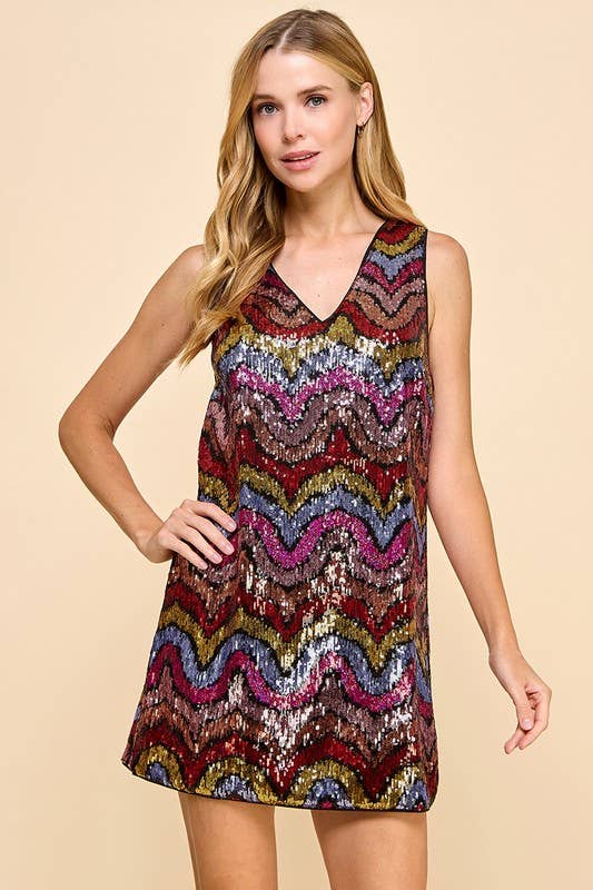 CD04892-V neckline Multi Color Sequin Dress