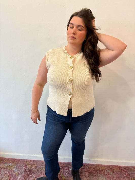 Cream Sweater Vest with Sunburst Buttons (S to 3X)