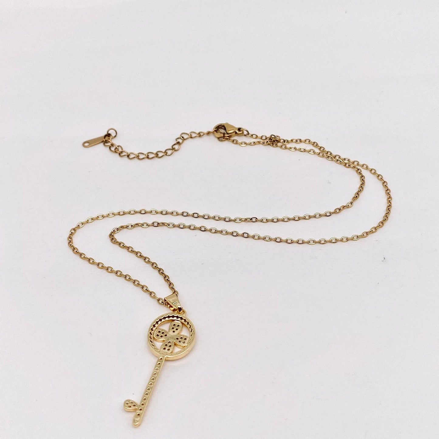 Golden Lucky Clover Key Charm Pendant Necklace