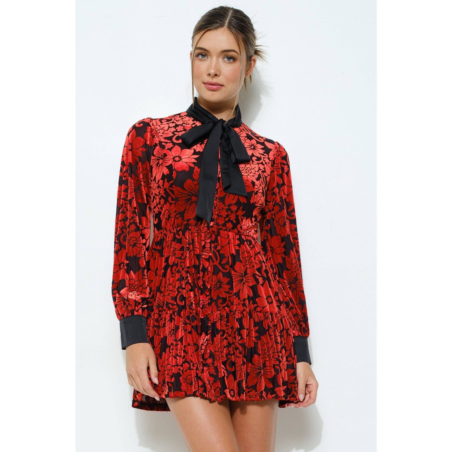 Velvet Flower Burnout Satin Tie Mini Dress