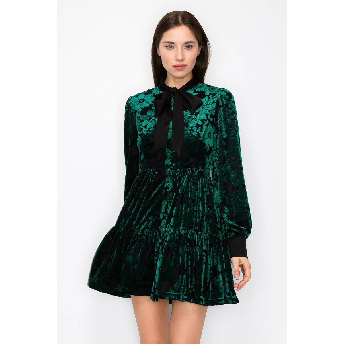 Velvet Flower Burnout Satin Tie Mini Dress