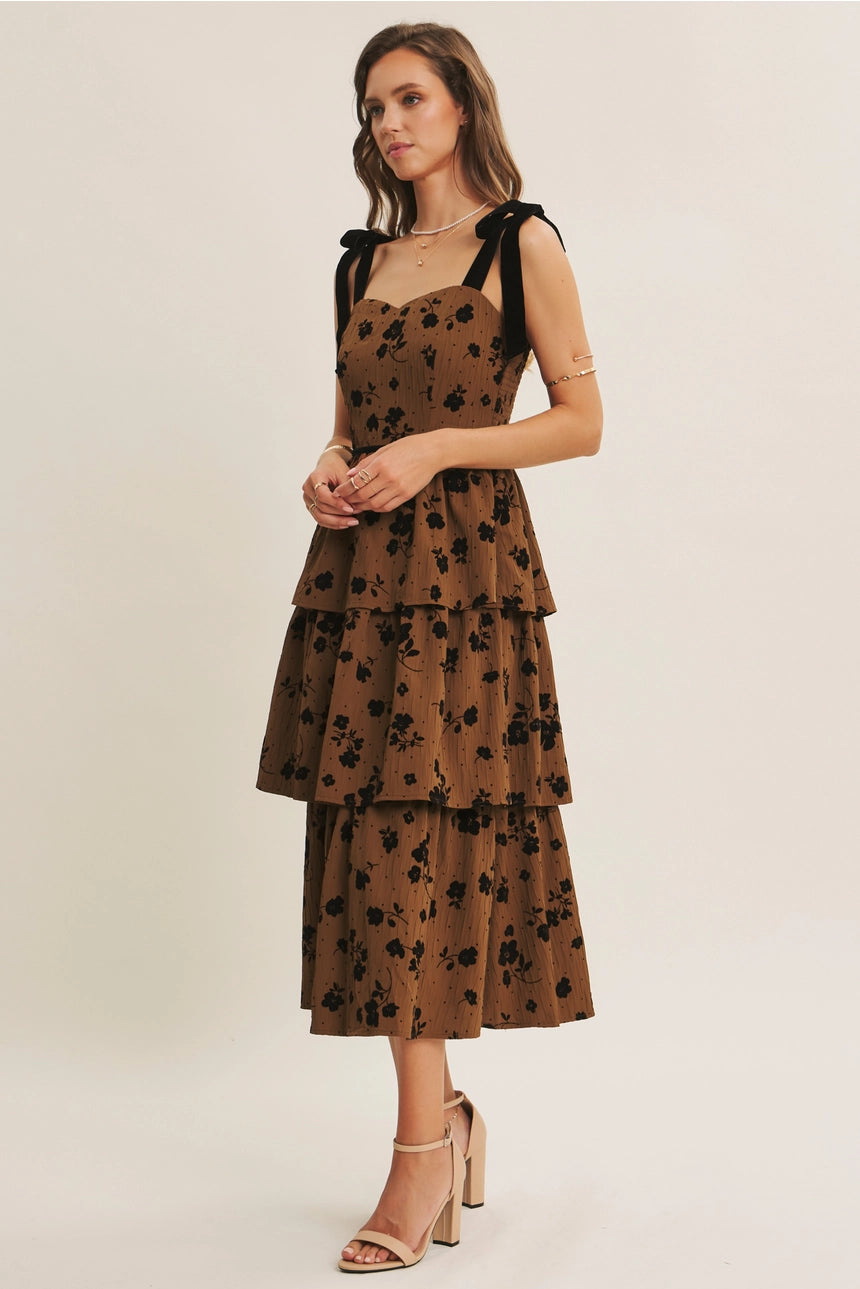 Brown and Black Floral Tiered Midi Dress