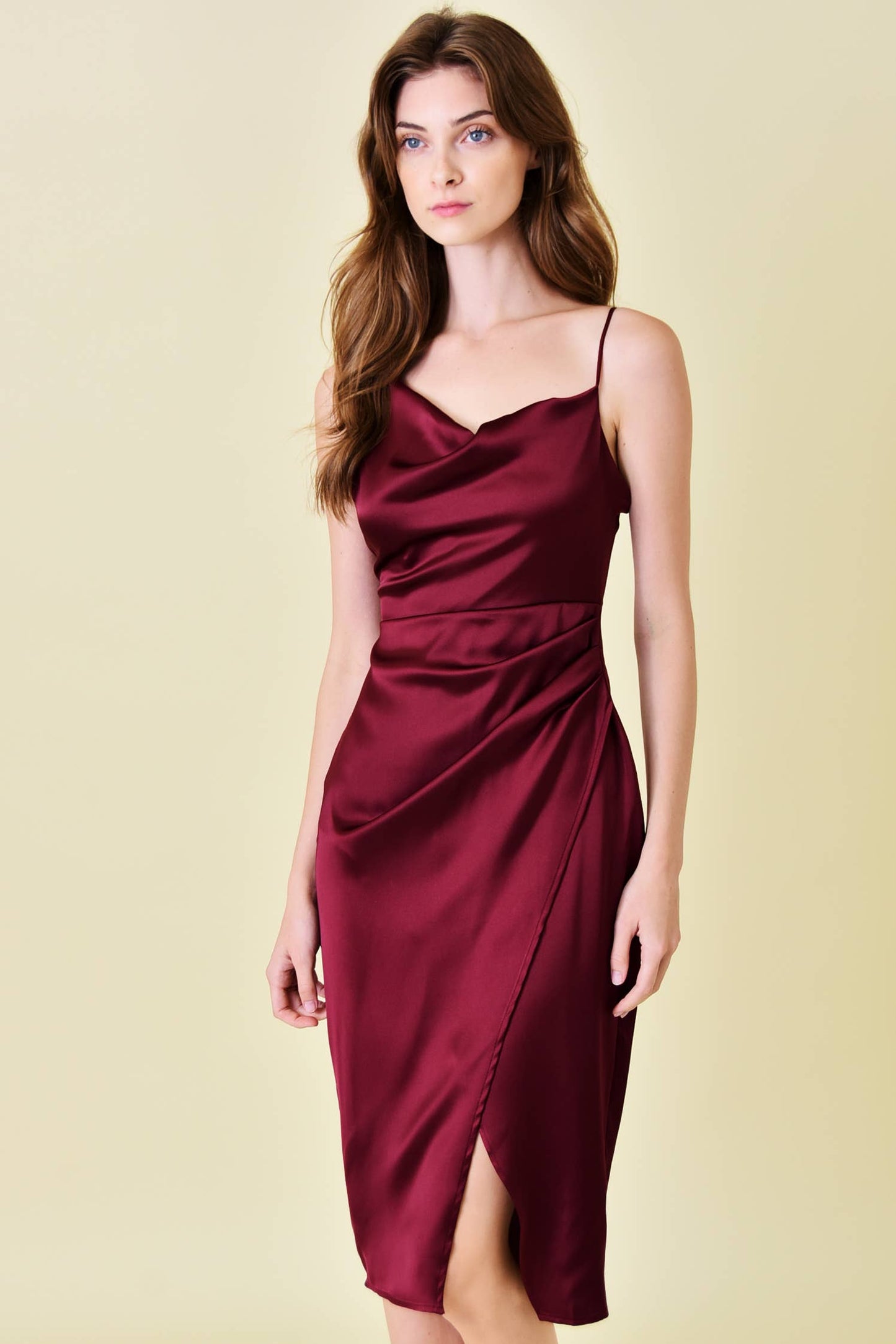SATIN COWL NECKLINE WRAP MIDI DRESS