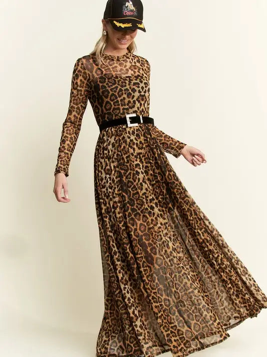 Long Sleeve Animal Print Mesh Maxi Dress