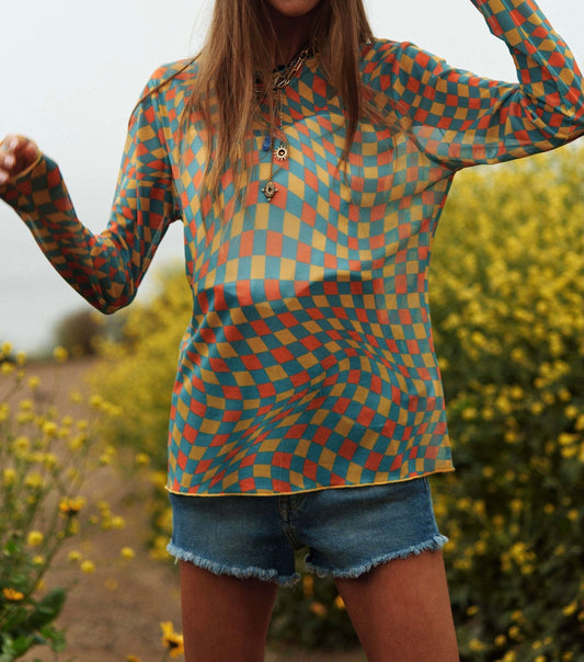 Mesh Checkerboard Printed Colorful Top