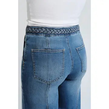 27" Cropped Wide Leg Jeans w/ Braided Waistband in Bolt