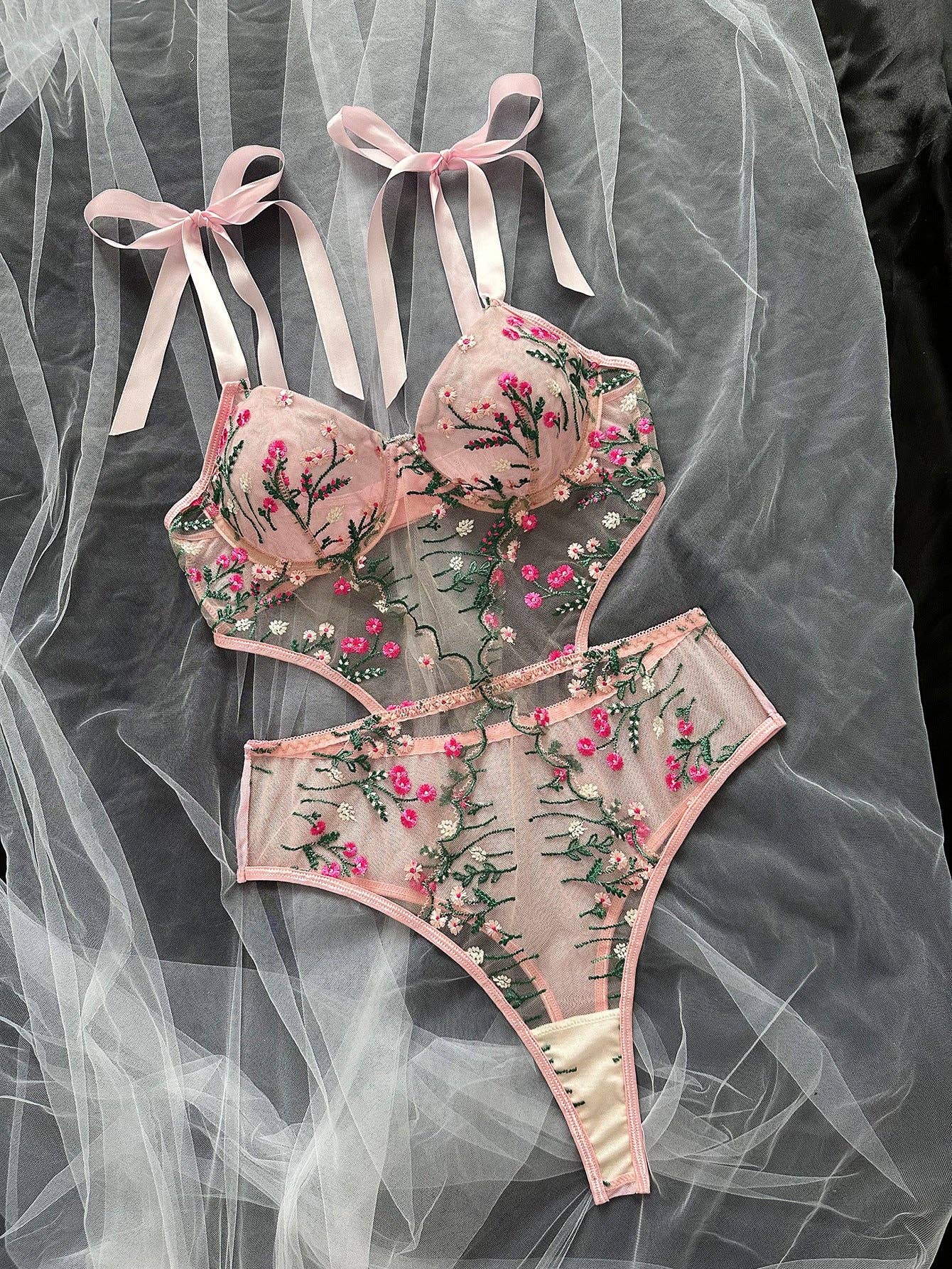 Floral Embroidery Ultrathin Perspective Teddy HF-4132